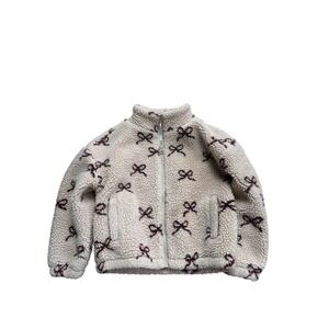 Rylee + Cru Girls Sherpa Fleece Jacket Bow Print Cream Burgundy Size 6-7Y Zip Up
